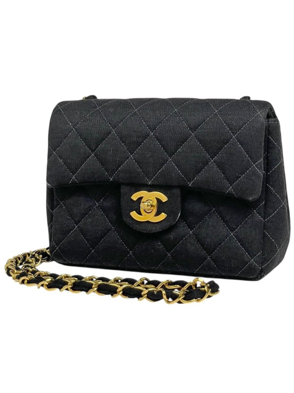 Chanel Mini Quilted Single Flap Chain Shoulder Bag CC Logo Fabric Black